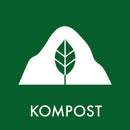 Grøn baggrund, hvidt bladgrafik, teksten "KOMPOST" i hvid.