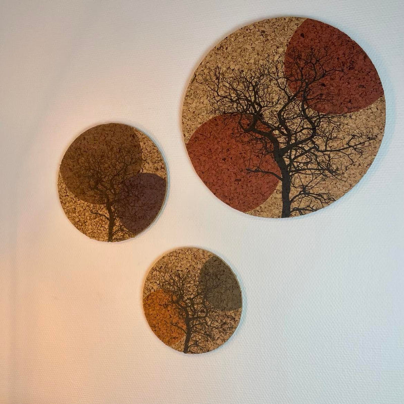 Korkcirkler med print af grafisk træ, sæt á 3 stk.
