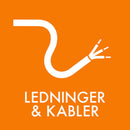 Orange baggrund, hvid kabelillustration, tekst "LEDNINGER & KABLER" i hvid.