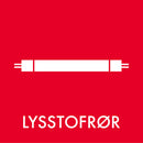 Rødt mærkat med hvidt lysstofrør grafisk og teksten "LYSSTOFRØR" nedenunder.