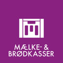 Hvid ikon af container på lilla baggrund. Tekst: "MÆLKE- & BRØDKASSER" nedenunder.