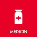 Rød sticker med hvidt ikon af medicinflaske og teksten "MEDICIN" i store bogstaver.