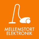 Orange baggrund med hvidt støvsugerikon og teksten "MELLEMSTORT ELEKTRONIK."