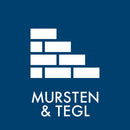 Hvid murstensdesign på blå baggrund med teksten "MURSTEN & TEGL" nedenunder.