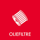Rød baggrund med illustration af oliefilter og teksten "OLIEFILTRE" i hvid.