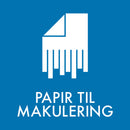 Blåt klistermærke med hvidt ikon af makuleret papir og teksten "PAPIR TIL MAKULERING."