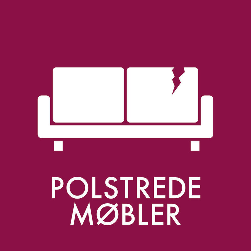 Hvid sofaikon på maroon baggrund med teksten "POLSTREDE MØBLER" nedenunder.