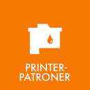 Orange baggrund med hvidt ikon og teksten "PRINTER-PATRONER" til sortering af printerpatroner.