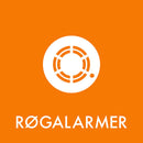Sticker til affaldssortering med røgalarmsikon på orange baggrund og teksten "RØGALARMER".