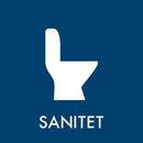 Hvidt toiletsymbol på blå baggrund, med teksten "SANITET" nedenunder i hvide bogstaver.