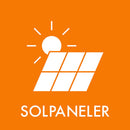 Hvidt solpanel og sol ikon på orange baggrund, med teksten "SOLPANELER" nedenunder.