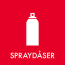 Rød baggrund med hvid spraydåse-silhuet og teksten "SPRAYDÅSER" i hvid nedenfor.