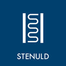 Blåt klistermærke med hvidt symbol og teksten "STENULD" i hvid.