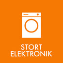 Orange baggrund med hvid vaskemaskine-illustration og teksten "STORT ELEKTRONIK".