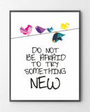 Plakat med farverige fugle på snor, tekst: "DO NOT BE AFRAID TO TRY SOMETHING NEW."