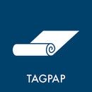 Hvidt grafisk symbol af rullet materiale på mørkeblå baggrund med teksten "TAGPAP" nedenunder.