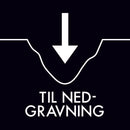 Hvid pil peger ned i en kurvet linje med teksten "TIL NED-GRAVNING" i hvid på sort baggrund.