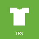 Grøn sticker med hvid T-shirt ikon og teksten "TØJ" nedenunder. Enkel design til affaldssortering.