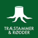 Hvid træstub og rødder på grøn baggrund. Tekst: "TRÆSTAMMER & RØDDER".