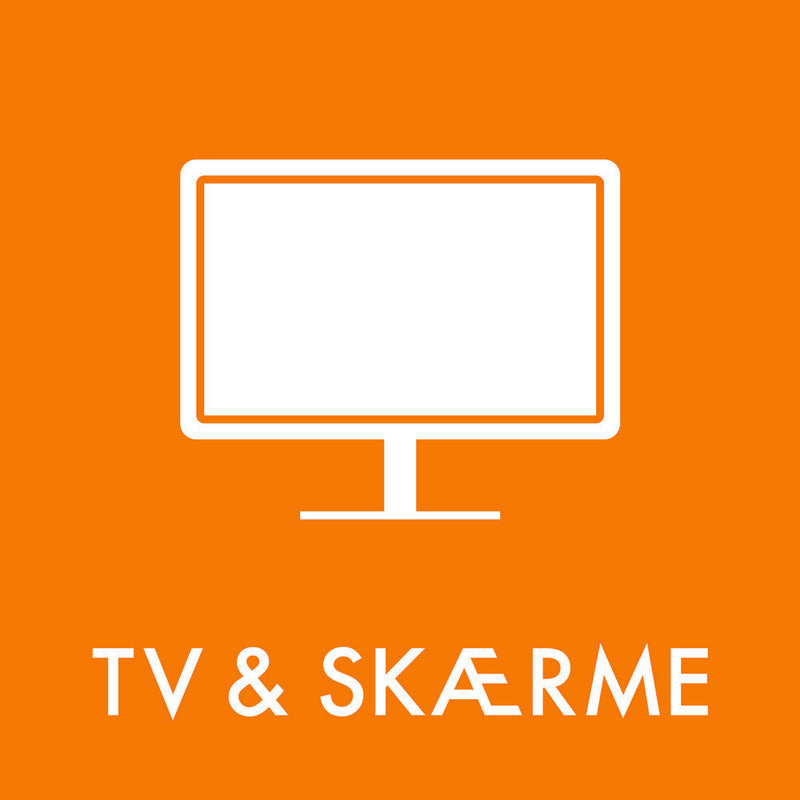 Orange baggrund med TV-ikon og teksten "TV & SKÆRME" for affaldssortering.