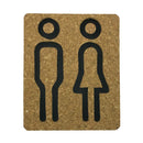 Rektangulært skilt med afrundede hjørner, sorte konturikoner af mand og kvinde på korkbaggrund.