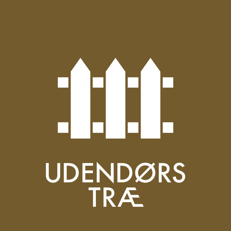 Brun baggrund med hvidt hegn-ikon og teksten "UDENDØRS TRÆ" nedenunder.