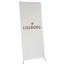 X-banner med LISEBORG-logo, hvid baggrund, metaløjer i hjørner, X-formet stativ for stabilitet.