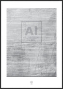 Kunstnerisk plade med ridser, Al-symbol, atomnummer 13, vægt 26.981, hvid kant, logo nederst.