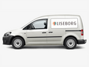 Hvid varevogn med rektangulært folie, teksten "LISEBORG" og farverigt logo på siden.