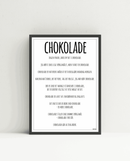 Plakat med teksten "Chokolade" og humoristiske citater om chokolade i håndskrift.
