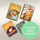 Fire rektangulære magneter med forskellige farver. Grøn cirkel: "LAV DIN EGEN MAGNET".