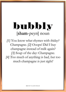 Plakat med ordet "bubbly" og sjove champagne-definitioner. Minimalistisk design fra Men's Lounge.