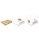 Træpalle uden dække, delvist dækket med LISEBORG-logo, fuldt dækket med LISEBORG-logo.