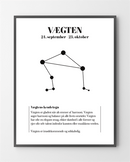 Plakat med stjernetegnet Vægten, konstellation og tekst om Vægtens karaktertræk.