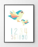 Plakater til børneværelset med Grøn Birdy er lavet i Limited Edition a 100 stk. -  På fotoet er 123 plakaten ikke præget.