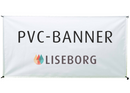 PVC-banner med tekst "PVC-BANNER" og logo "LISEBORG," med metaløjer i hjørnerne.