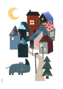 Næsehorn på sti mod by med huse, oplyste vinduer og halvmåne.