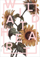 A5-kort med "WILD AT HEART" i pink, omgivet af solsikker og en pink kant.