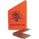 Orange plastværktøj med logo "yellotools.com" og grafik, geometrisk design, kompakt størrelse.